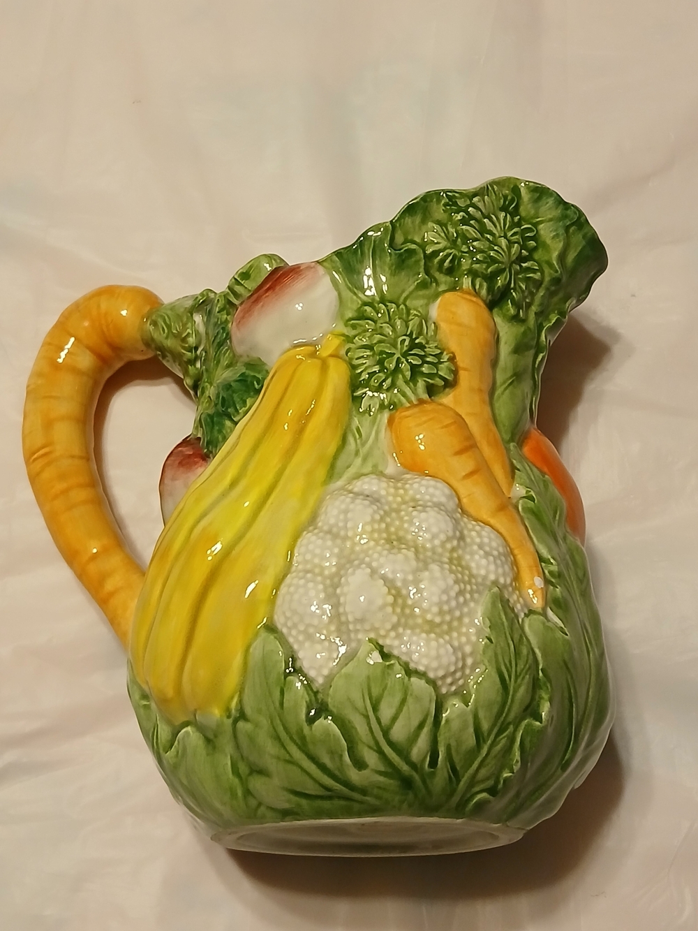 Hand-Painted Ceramic Vegetable Pitcher in Green and Yellow